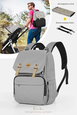 Kiwi Coolbag Anne Bebek Çantası - Bebek Bakım Çantası - Termal Gözlü Su Geçirmez Alt Açma Pedli - Gri Grii