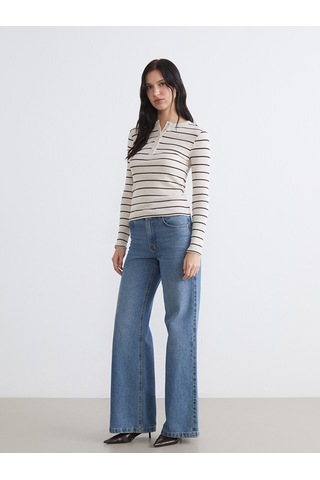 Lcw Everyday Bej Bisiklet Yaka Çizgili Kadın Body