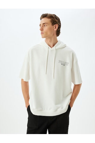 Koton Spor Sweatshirt Oversize Kapşonlu Slogan Baskılı Yarım Kollu Pamuk Karışımlı Ekru 5wam70014nk Ekru