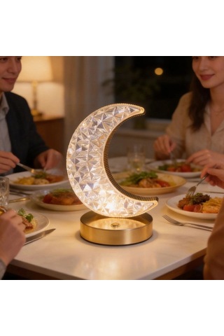Gece Lambası Hilal Ay Formlu Kristal Led Masa Lambası Dokunmatik 3 Renk Işık Modlu Şarj Edilebilir Küçük Boy Dekor Amaçlı .