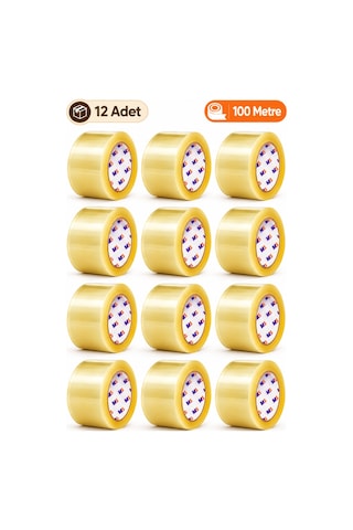 12 Adet Koli Bandı Şeffaf 45 Mm X 100 Metre Güçlü Yapışkanlı Paketleme Bantı Bantları Kopmayan