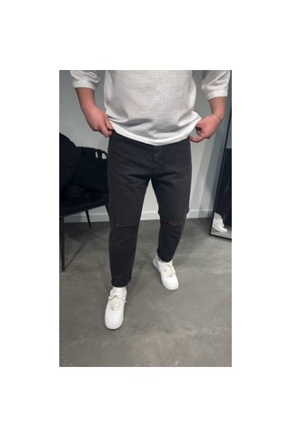 Butik İstanbul Erkek Siyah Dizi Yırtık Boyfriend Jean
