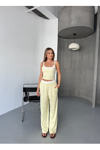 Kadın Çift Kat Detaylı Modal Dokulu Alt Üst Takım Sarı