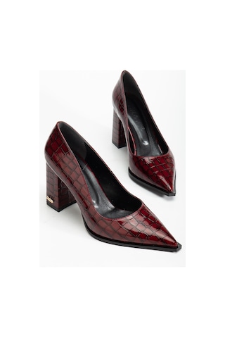 Suins Premium Kevin Model Kadın Kalın Topuklu Kroko Stiletto Ayakkabı Bordo