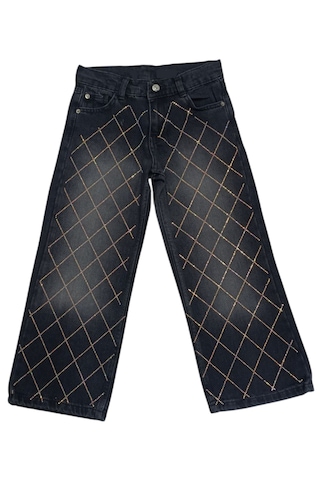 Kız Çocuk Parlak Taş Modelli Beli Lastik Ayarlamalı Fermuar Kapamalı Siyah Kot Pantolon 2922 Siyah