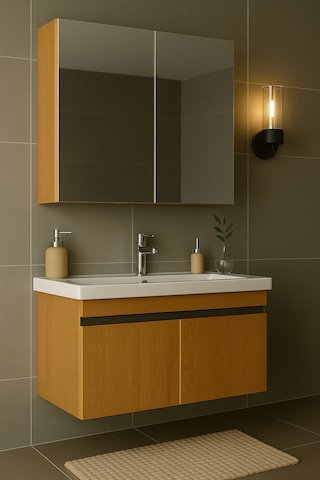 Arista 80 Cm Ahşap Renkli Mdf, Seramik Lavabolu, Alt Ve Üst Dolap Ahşap