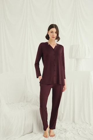 Monamise Kadın Uzun Kollu Boydan Düğmeli V Yaka Pijama Takımı 18691 MÜRDÜM