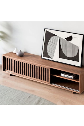 Linea Ahşap Modern Tv Ünitesi Sürgü Izgara Kapaklı Koyu Ceviz