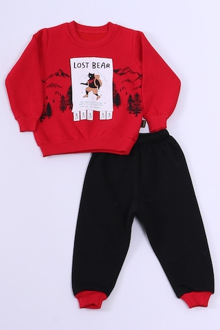 Erkek Bebek 3 İplik Eşofman Takımı Ayıcık Baskılı A40 Kırmızı