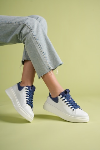 Analin Shoes Kadın Hakiki Deri Bağcıklı Casual Spor Ayakkabı Beyaz Koyu Mavi