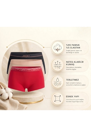 Jakoft Classic Pamuklu Kadın Boxer 3'lü Paket Kırmızı - Ten - Siyah
