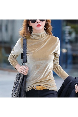 Askeri Yeşil Kış Sıcak Balıkçı Yaka Uzun Kollu Kadife Gömlek Yüksek Yaka İnce Zarif Lüks Kadife Bluz Bahar Üstleri Haki