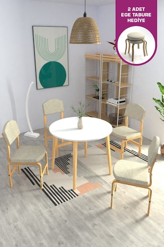 Vilinze Ege Sandalye Avanos Yuvarlak Ahşap Mutfak Masası Takımı - 90x90 Cm Beyaz