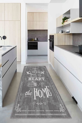 Decomia Home Dijital Baskılı Kaymaz Taban Yıkanabilir Kitchen Home Yazılı Çerçeveli Gri Mutfak Halısı DC-5017 Gri
