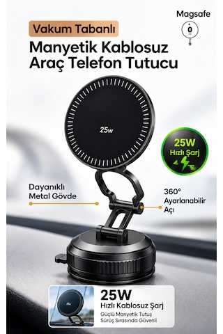 25w Hızlı Şarjlı Mıknatıslı Vakumlu Araç İçi Telefon Tutucu Katlanabilir Araba Telefon Tutacağı Siyah