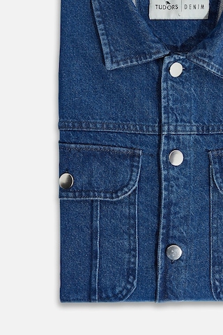 Tudors Unisex Relax Fit Rahat Kesim Denim Kot Kapaklı Çift Cepli Overshirt Ceket Tarzı Gömlek-33051 Lacivert