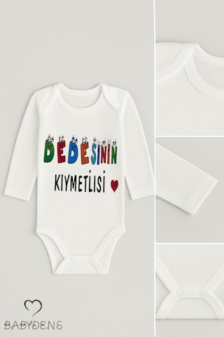 Babyden's Dedesinin Kıymetlisi Yazılı Uzun Kollu Bebek Zıbını %100pamuk Çıtçıtlı Body Beyaz