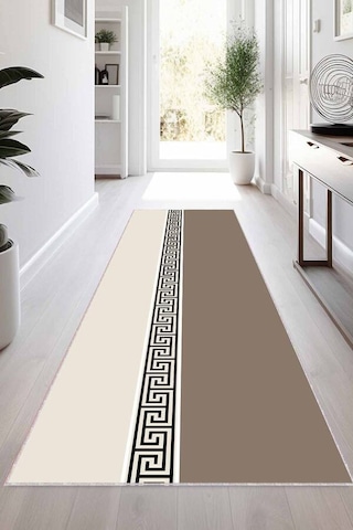 Bej Kaymaz Tabanlı Modern Kesme Rulo Yolluk Halı Vh019n11