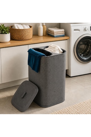 90 Litre İki Bölmeli Kirli Çamaşır Sepeti Çıkarılabilir Astarlı Kapaklı Katlanabilir Çamaşır Sepeti Laundry Basket Büyük Boy Çamaşırlık Organizer Gri Çok Renkli