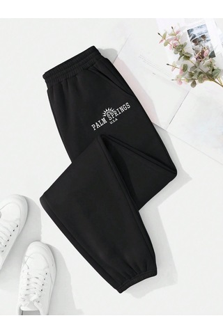 Lune Letter Graphic Thermal Lined 4 Mevsim Eşofman Siyah
