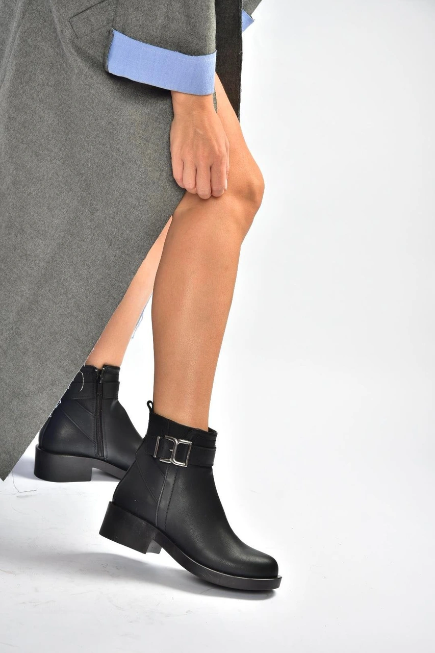 Fox Shoes V674121109 Siyah Alçak Topuklu Kadın Bot Siyah-Suni Deri