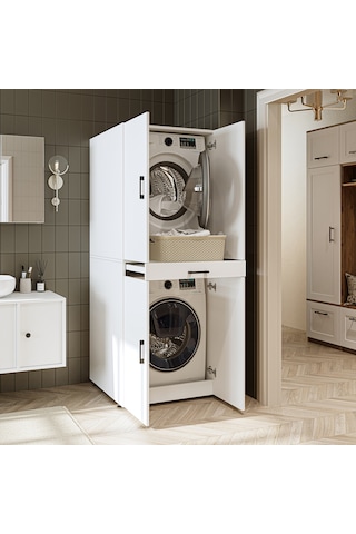 Banyo Dolabı Kapaklı Çamaşır Ve Kurutma Makinesi Dolap 70x185 Cm Mat Beyaz