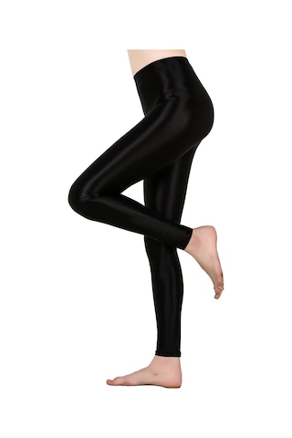 Kadın Parlak Metalik Esnek Tayt Dar Pantolon Spor Salonu Yoga Dans Koşu Bisiklet Sporları SiYAH