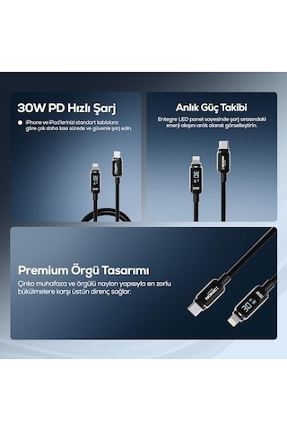 Xenon Smart Type-c To Lightning İphone Şarj Kablosu 30w Pd Hızlı Şarj 2m Led Örgü 480mbps X6427