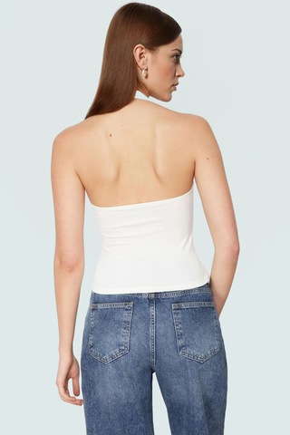 Ersefa Fitted Kalıp Viskoz Ribana Crop Bluz Boyundan Bağlamalı Yaka Günl Beyaz