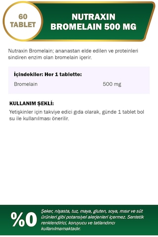 Nutraxin Bromelain 500 Mg Takviye Edici Gıda 60 Tablet