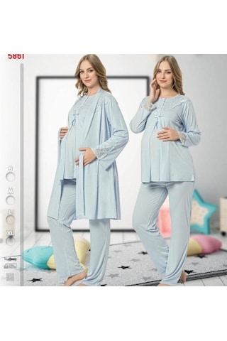 Nehir 2020 Mavi Hamile Lohusa Pijama Sabahlık 3'Lü Takım