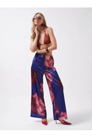 Defymoda Bel Lastikli Desenli Saten Pantolon Lacivert