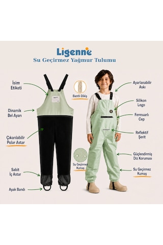 Ligenne Su Geçirmez Çocuk Yağmur Tulumu, Çıkarılabilir Polar Astarlı, Bantlı Dikişli Pure Sage Yeşil