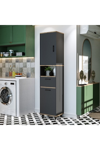 Çamaşır Sepetli Banyo Dolabı, Çok Amaçlı Dolap 45 X 200 Atlantik - Antrasit