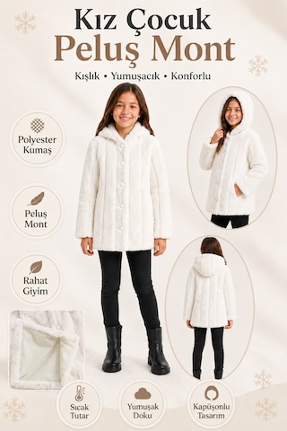 Ahengim Kız Çocuk Kışlık Kapüşonlu Düğmeli Astarlı Dikey Çizgili Peluş Mont Ak4510 Beyaz