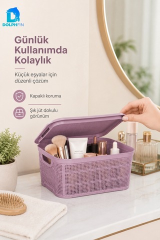 Jute Kapaklı Saklama Kutusu 2,5 L Plastik Mutfak Kiler Dolap İçi Organizer Mor