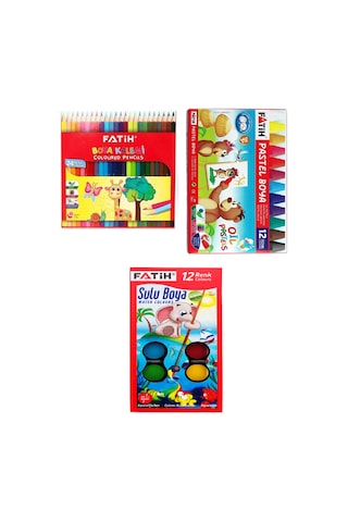 24'lü Kuru Boya + Fatih 12'li Sulu Boya + Fatih 12'li Pastel Boya / 48 Parça Set Çok Renkli