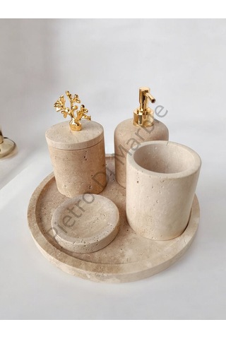 Sarı Traverten Klasik Model 5 Parça Gold Renk Mercan Aksesuarlı Banyo Seti Sarı Traverten