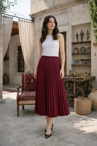 Wear Vexel Kadın 90 Cm Saten Kumaş Pliseli Midi Etek Şık Ve Zarif Tasarım - Bordo Çok Renkli