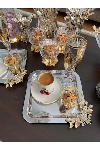 Atabey Home Collection 6'lı Kahve & Çay & Sunum Tepsisi Çelik Gümüş Tepsi Lüx Taşli Model