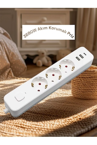 Ftr/16 3680w 16a 3 Priz, 2 Usb, 1 Type-c, 1.8 Metre Akım Korumalı