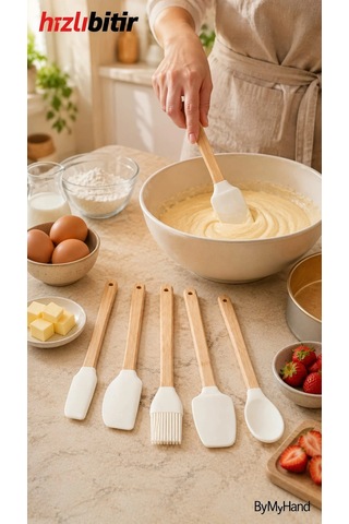 Bymyhand Ahşap Saplı Slikon Uçlu Slikon Mutfak Ve Pasta Yapım Hazırlık 5'li Set