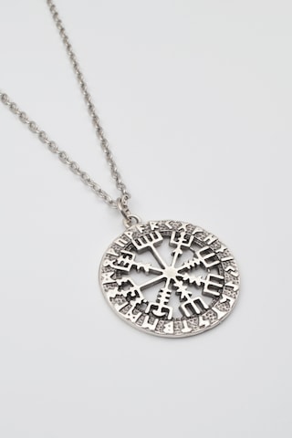 Viking Pusula Kolye Vegvisir - Düz Ezme İthal Zincirli Unisex Gümüş Kaplama - 60 Cm Gümüş
