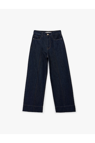 Koton Pamuklu Düğmeli Yüksek Bel Nervürlü Geniş Paça Denim Pantolon - Wide Leg Jeans Koyu İndigo 6sal40123md İndigo