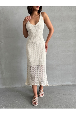 Kadın Askılı Ajurlu Yazlık Triko Elbise Krem