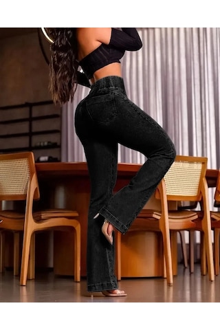 Kadın Yüksek Bel Yanları Lastik Önü Düğmeli Kot Pantolon Siyah