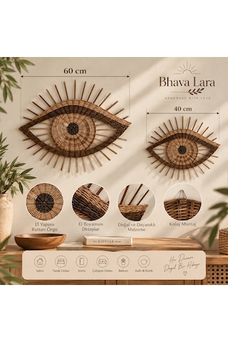 El Yapımı Rattan Göz Duvar Dekoru 40 Cm, El Boyaması Örgü Bohem Duvar Süsü, Salon Yatak Odası Doğal Dekorasyon