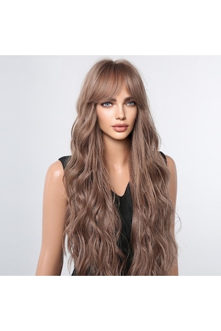 Cbtx Kadın Uzun Saç Peruk Kaküllü Degrade Kabarık Su Dalgalı Kıvırcık Saç Peruk, Renk: Koyu Kahverengi Lc1061-1