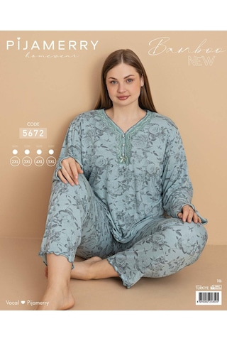 Pijamerry Kadın Büyük Beden Dantel Yaka Bambu Uzun Kol İnce Pijama Takımı 5672 - 1 Adet Yeşil