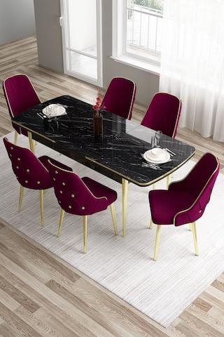 Canisa Concept Tia Serisi 80x132 Mdf Açılabilir Siyah Mermer Desen Gold Detay Masa Takımı Ve 6 Mürdüm Sandalye Masa Siyah Mermer Desen Sandalye Mürdüm